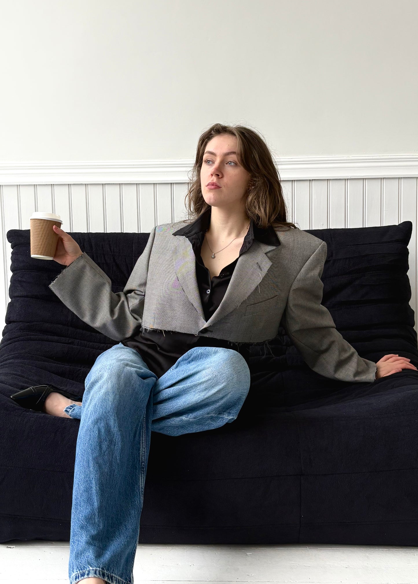 Houndstooth Cropped Blazer with Raw Hem & Oversized Sleeves