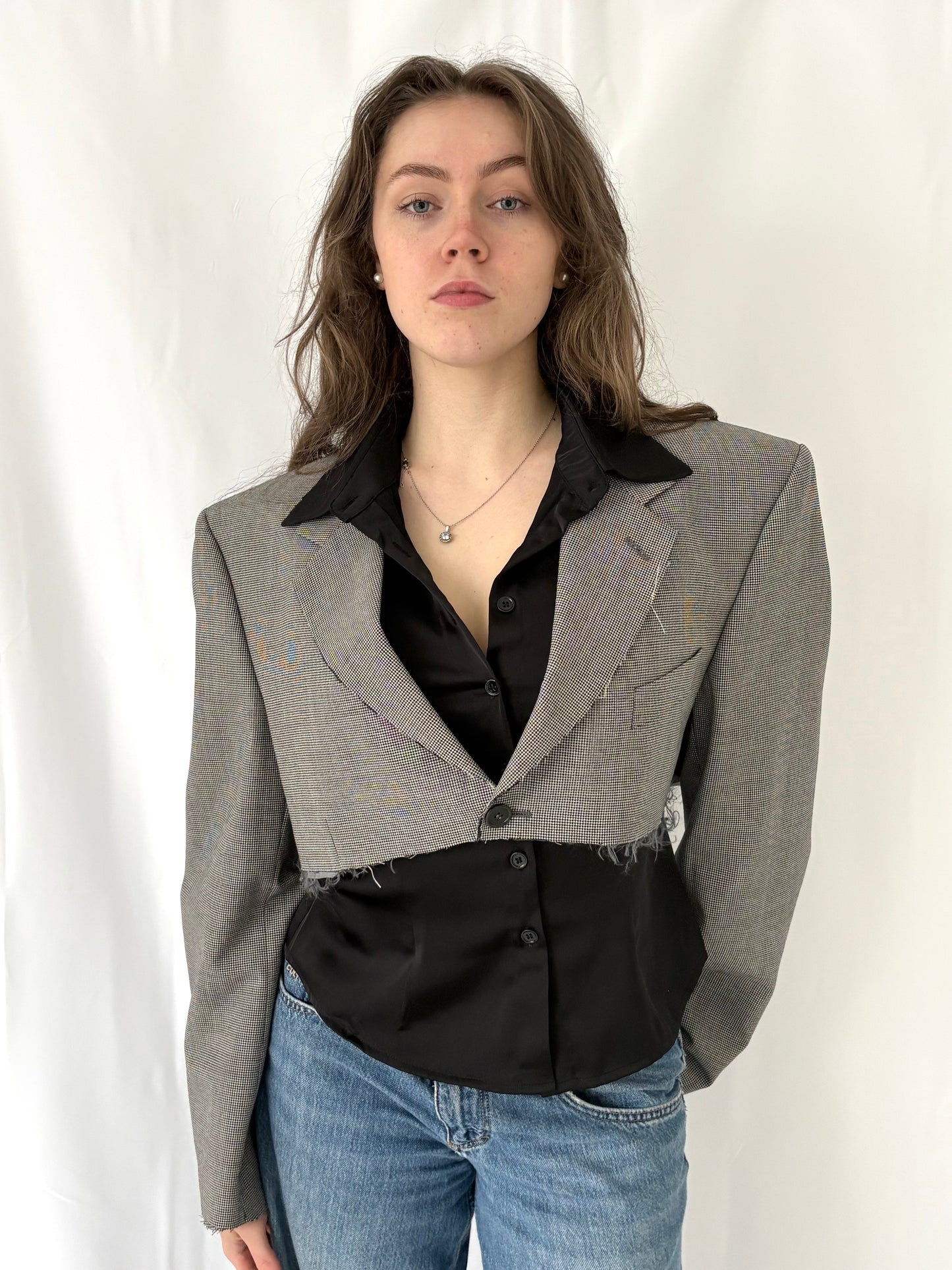 Houndstooth Cropped Blazer with Raw Hem & Oversized Sleeves