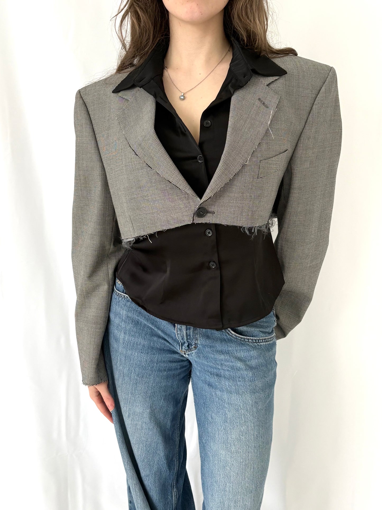 Houndstooth Cropped Blazer with Raw Hem & Oversized Sleeves