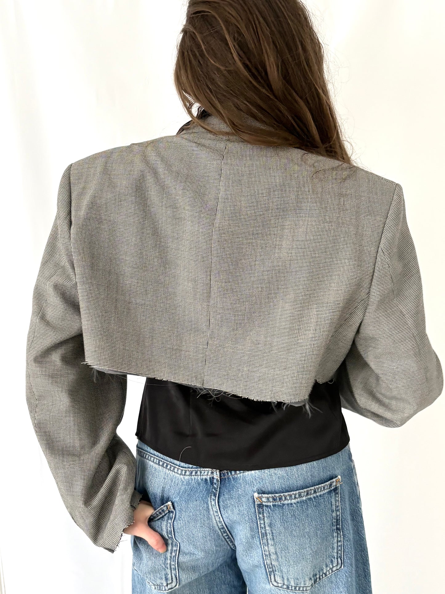 Houndstooth Cropped Blazer with Raw Hem & Oversized Sleeves