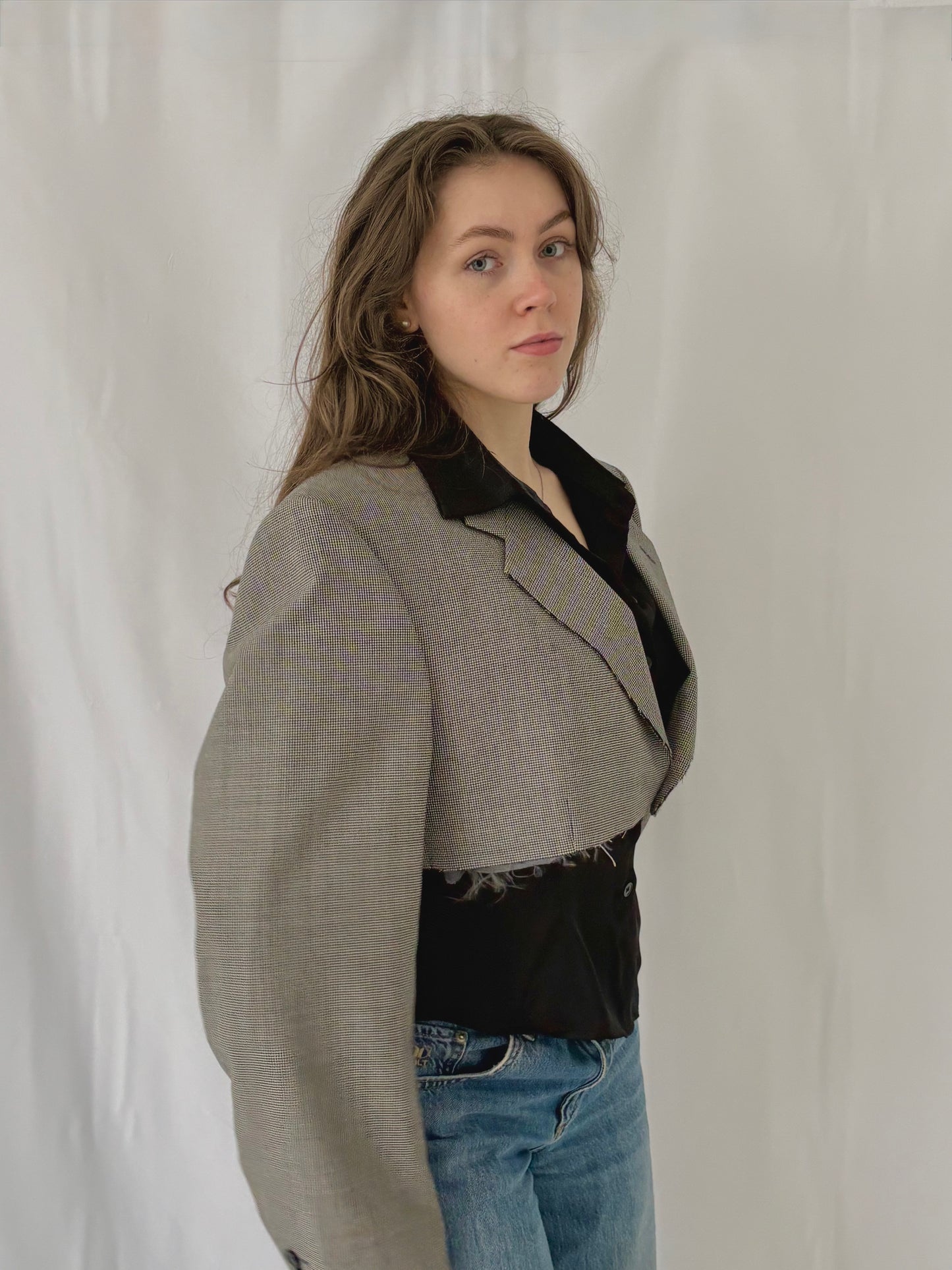 Houndstooth Cropped Blazer with Raw Hem & Oversized Sleeves