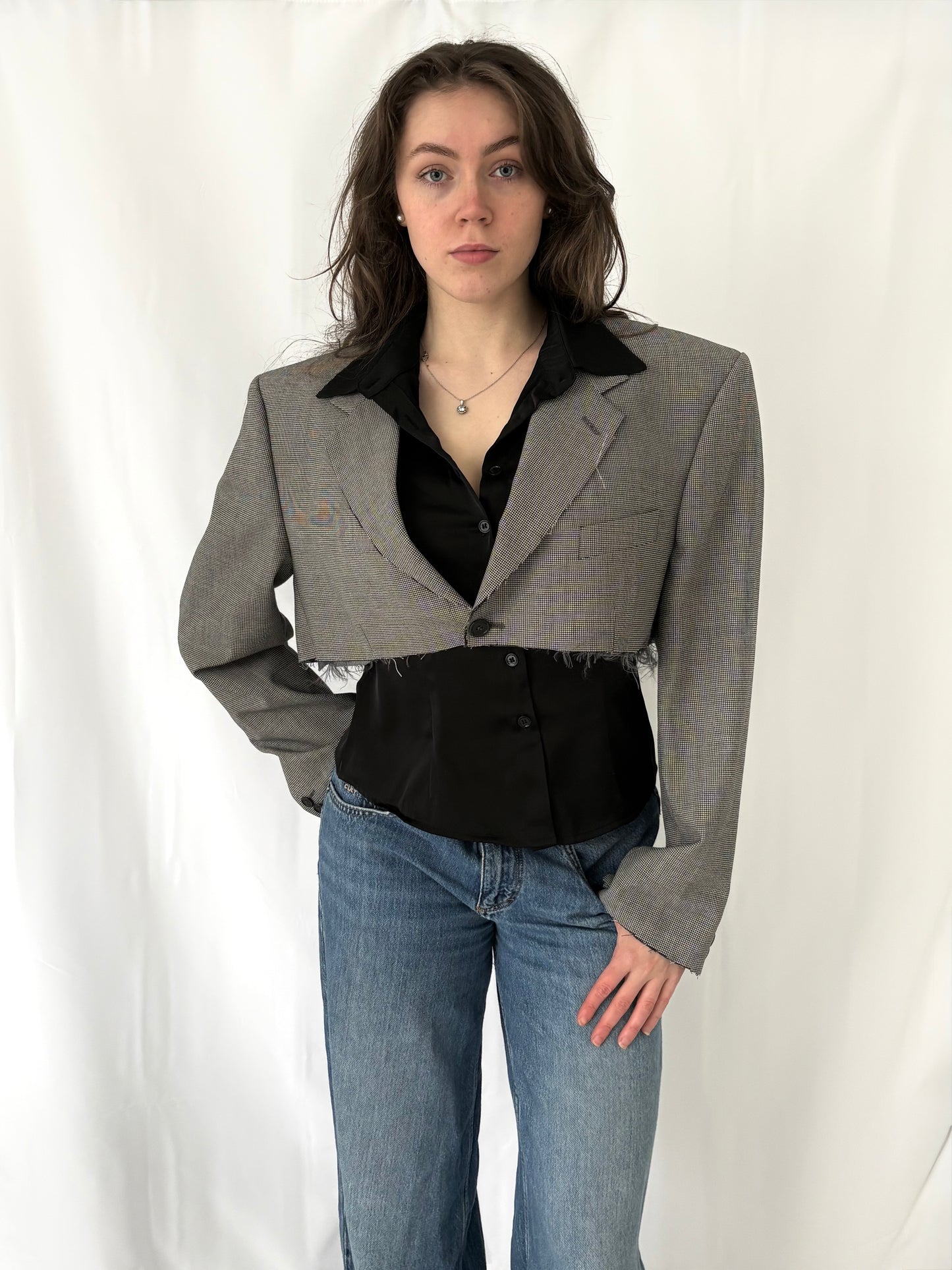 Houndstooth Cropped Blazer with Raw Hem & Oversized Sleeves